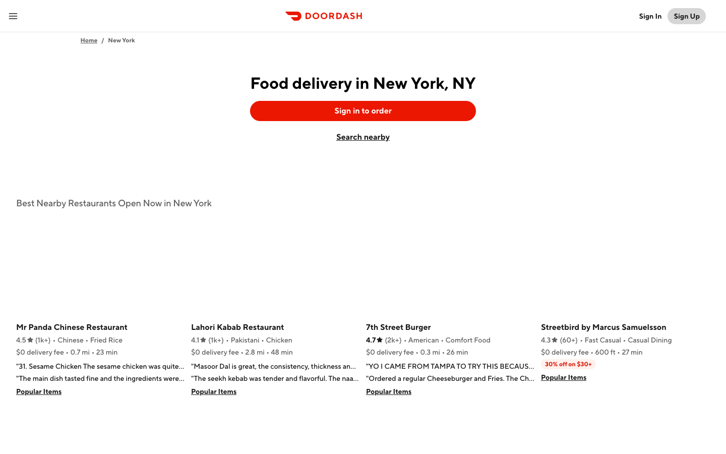 DoorDash above the fold